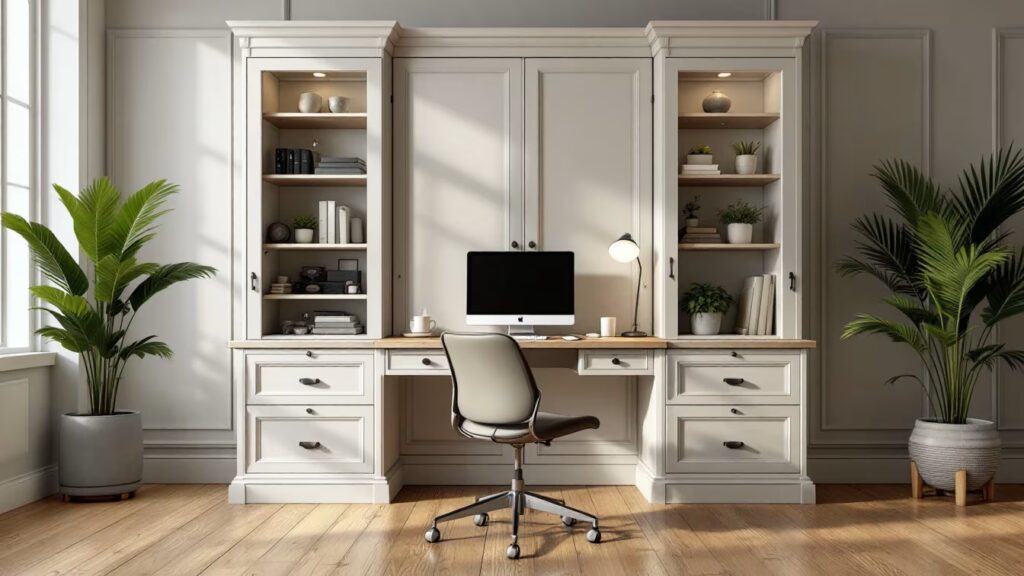 Un bureau cloisonné moderne avec porte fermée, joints visibles et prises encastrées, l’ensemble donnant une séparation continue et calme.