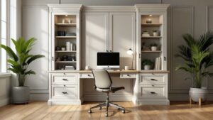 Un bureau cloisonné moderne avec porte fermée, joints visibles et prises encastrées, l’ensemble donnant une séparation continue et calme.