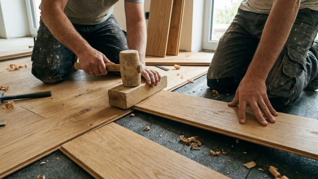 Deux personnes ajustent des lames de parquet au sol, avec un maillet et une cale de frappe.