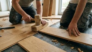 Deux personnes ajustent des lames de parquet au sol, avec un maillet et une cale de frappe.